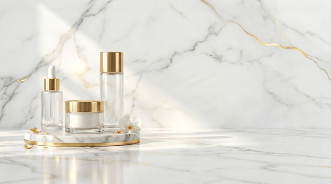Elegant cosmetic product display on luxurious marble with golden accents and soft natural light, highlighting premium beauty care items for a sophisticated look