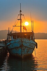 Fototapeta premium Fishing boats resting in tranquil waters near the pier during a beautiful golden hour sunset.