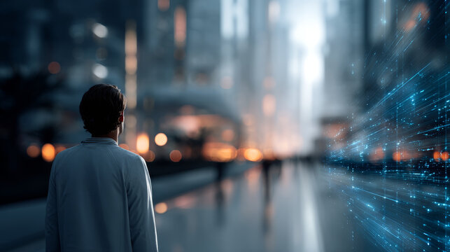 A man stands in a futuristic cityscape, gazing at glowing digital data streams blending with urban architecture. The scene captures the intersection of technology and modern life