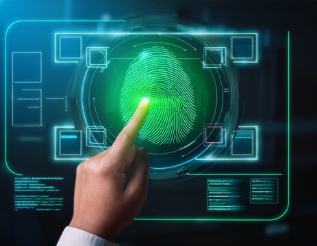 finger touches biometric scanner screen fingerprint recognition displayed followed by green access granted notification on digital interface in a modern security system