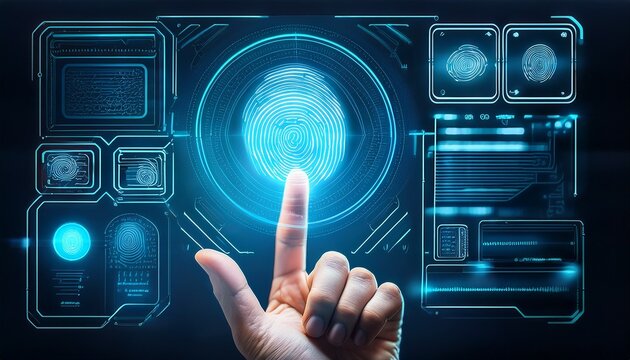 finger touches biometric scanner screen revealing fingerprint pattern followed by confirmation message displaying access granted on digital interface in modern security system