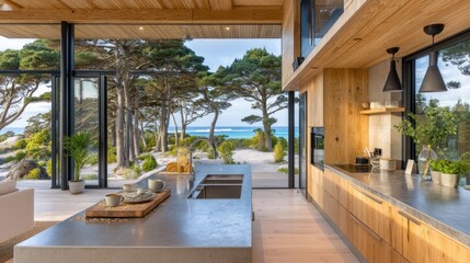 Fototapeta premium A radiant contemporary kitchen with sleek counters and warm wood cabinetry presents a captivating coastal vista, featuring turquoise waters, sandy dunes, and a dense grove of coastal pines