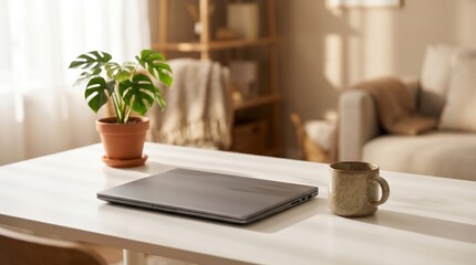 Fototapeta premium Comfortable home office setup with laptop, plant, and natural light