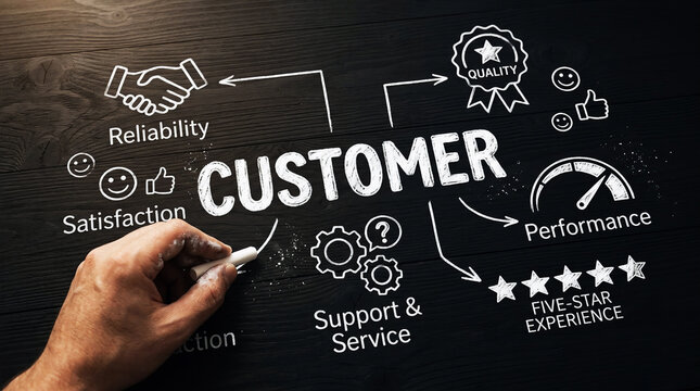 Customer Experience and Satisfaction Concept with Hand Writing Customer Strategy Diagram Showing Reliability Quality Support Service Performance and Five Star Rating on Blackboard