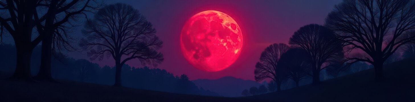 Crimson moon casts long shadows on dark trees , eerie, wildlife, eclipse