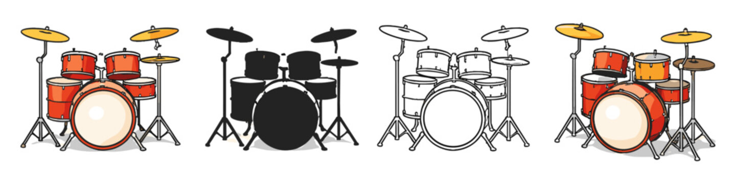 Set of drum kit illustrations in different styles on a white background