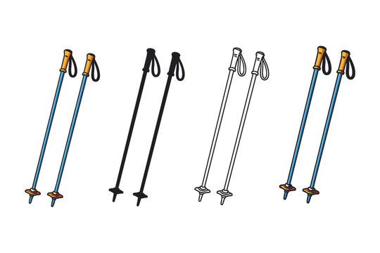 Collection of four pairs of ski poles in different styles and colors