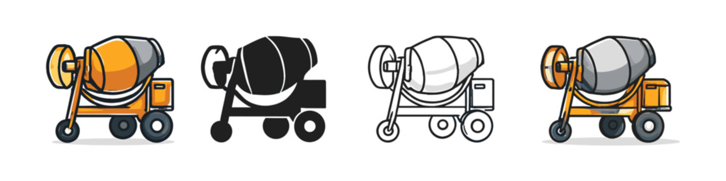 Set of four concrete mixer icons in different styles for construction projects