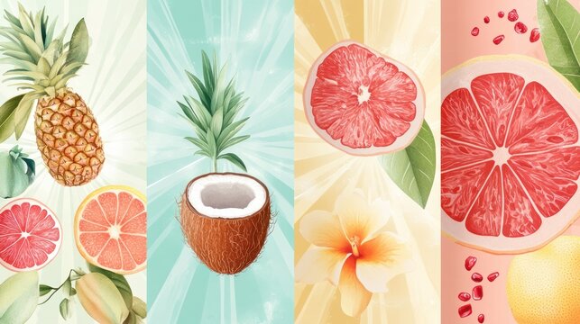 Tropical fruit slices and flowers, vibrant backdrop, digital illustration, food photography