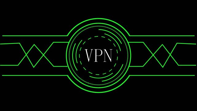Vpn logo animation with green lines. Vpn logo digital network security. Vpn logo cybersecurity technology graphic on black background for privacy.