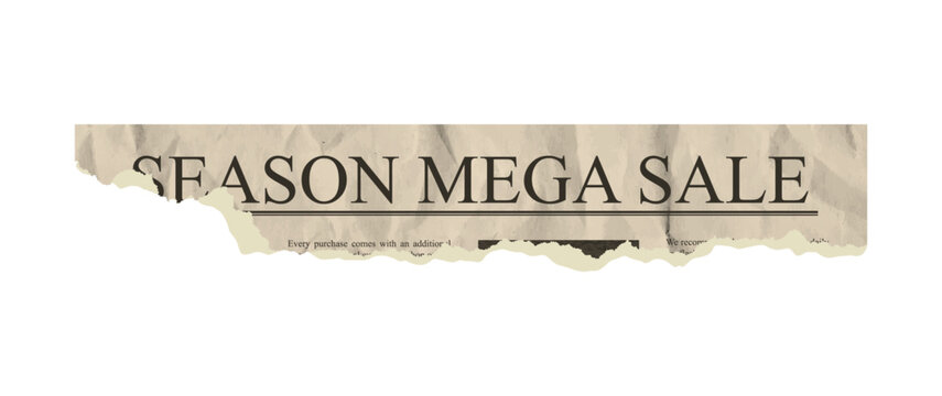 Torn newspaper corner note piece featuring vintage jagged rip edge texture. Ripped article clipping page news collage scrapbook. Vector crumple cardboard tape template with dummy text season mega sale