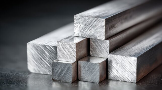 Close-Up of Polished Metal Bars in Various Sizes on a Dark Background Showcasing Industrial Texture and Design