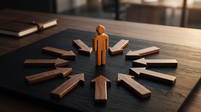 Customer Centric Business Strategy Concept with Wooden Human Figure Surrounded by Direction Arrows Representing Customer Focus Decision Making and Leadership