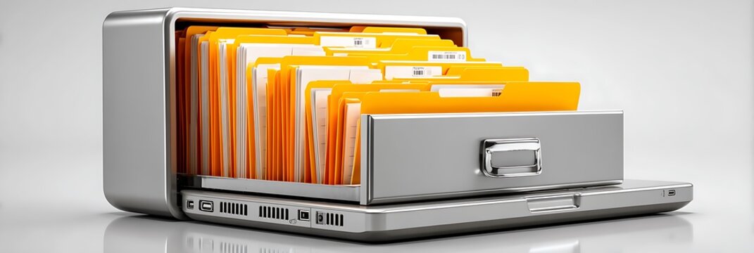 Laptop computer with integrated metal filing cabinet drawer containing organized yellow document folders representing digital data storage and efficient information management systems