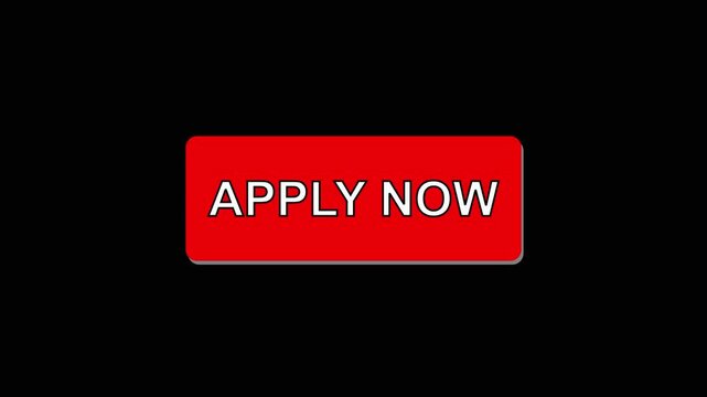 Apply now button animation with red color. Apply now button digital interface text. Apply now button technology graphic on black background for hiring.