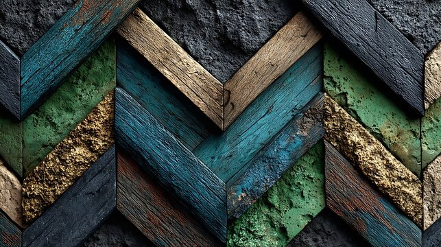Chevron pattern wall texture featuring weathered wooden planks and rustic stone surfaces in teal blue and green shades for industrial interior design and creative architectural decor