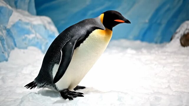 A majestic emperor penguin, displaying its striking black and white plumage, stands proudly on a frosty expanse of ice and snow, with icy formations and a hint of blue sky creating its natural