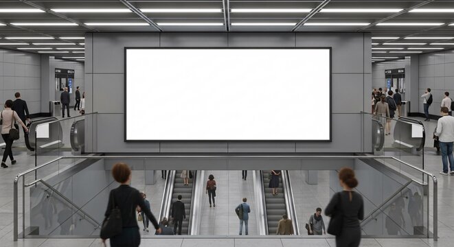 Subway station interior with blank digital display and commuters