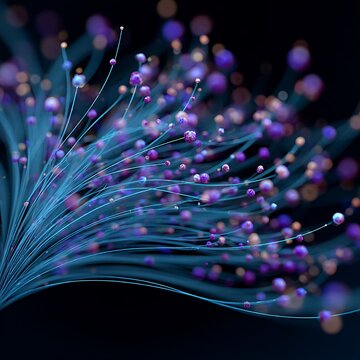 Abstract fiber optic strands with glowing purple spheres and flowing digital particles representing futuristic technology data connectivity and network communication on dark background