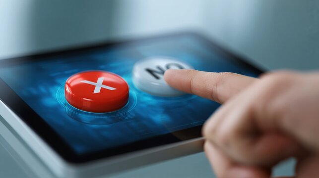 Finger pressing NO button on tablet touchscreen, symbolizing rejection or decline in a digital decision.