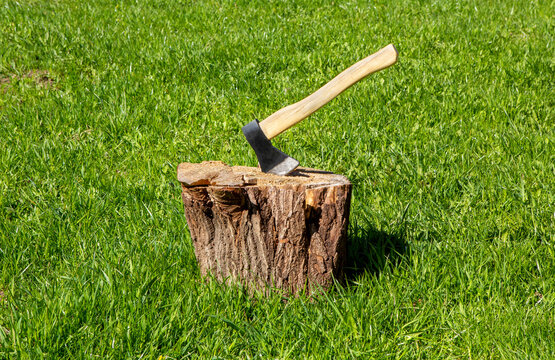 Axe and wood stump on a natural grass background.