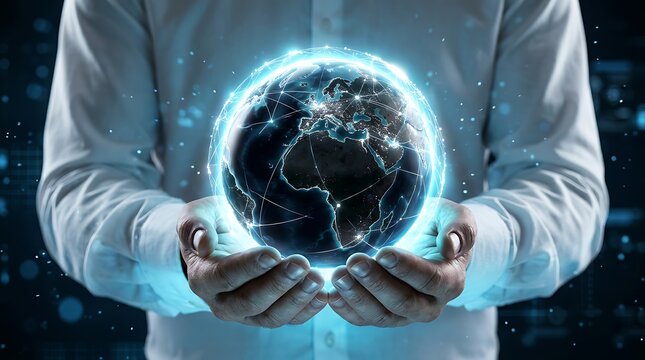 Tangan memegang planet bumi digital dengan jaringan koneksi global dan cahaya biru futuristik, representasi teknologi dan konektivitas