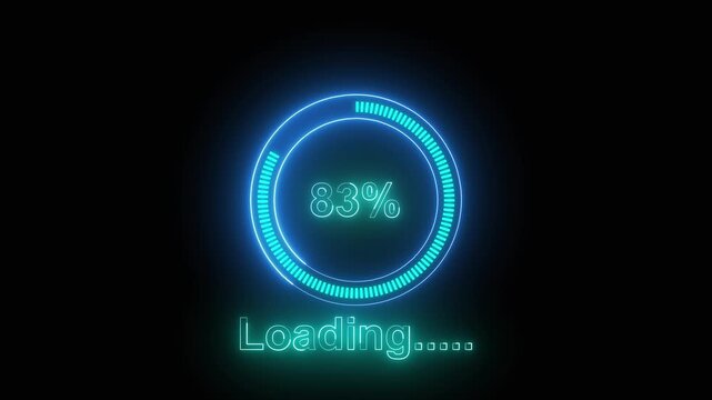 Loading indicator animation with cyan neon. Loading indicator forty nine percent progress. Loading indicator digital interface graphic on black background.