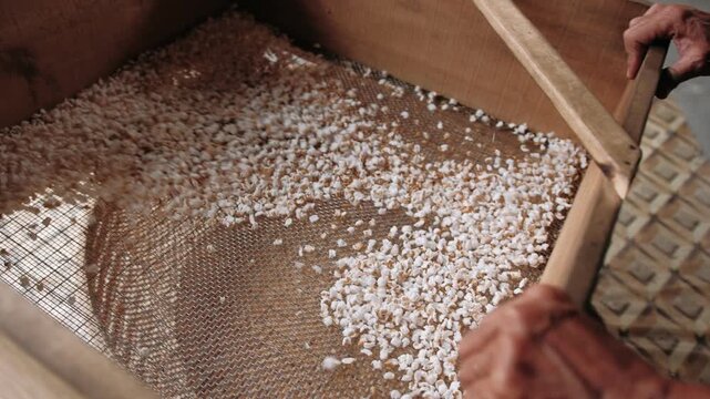 Sifting rice in a wooden sieve in a vietnam market, showing manual labor and authentic food production