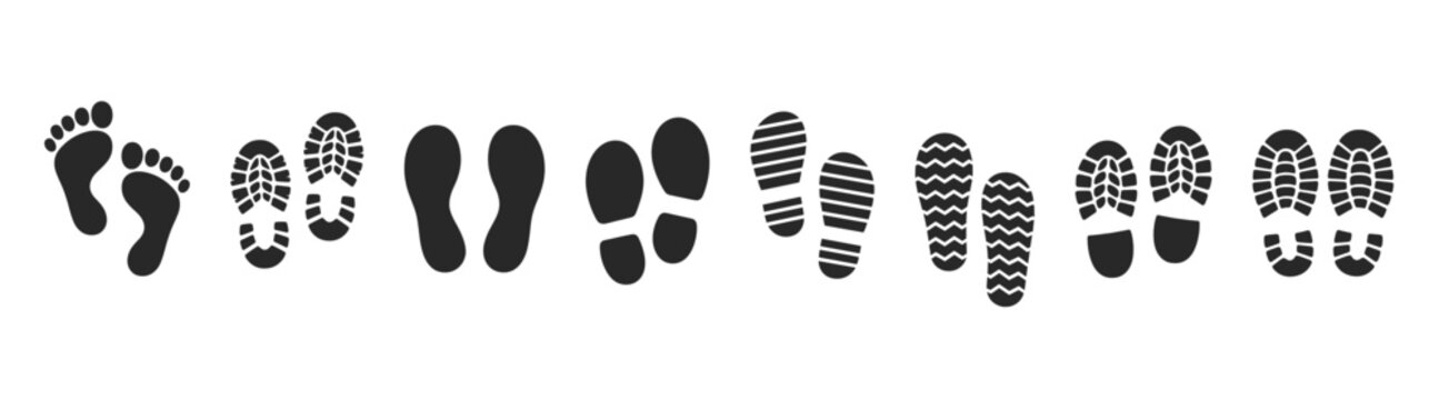 Footprint icon set with shoe sole tracks barefoot steps and editable outline vector collection