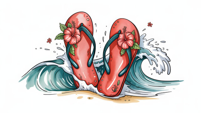 Colorful flip flops with flowers on a beach, surrounded by waves and sand
