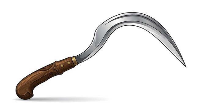 Curved metal sickle with wooden handle isolated on white background for harvesting and agriculture theme.