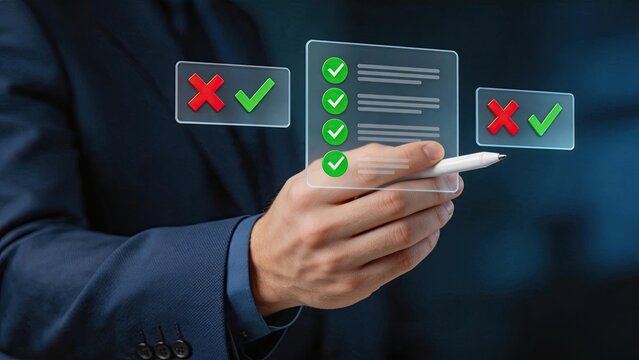 Hand holding transparent checklist with green checkmarks and red crosses, evaluation process, quality control, assessment, decision making, approval concept, business audit,