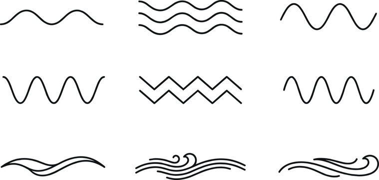 Minimalist ocean wave line set with black zigzag and ripple patterns isolated on white background