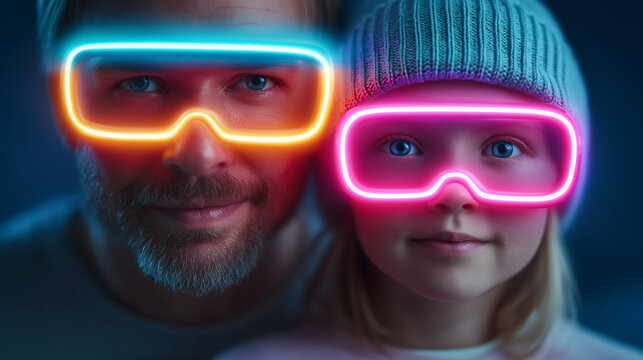 Confused Parent Pretending to Understand Child VR Gaming Setup Neon Reflections Futuristic Living Room

