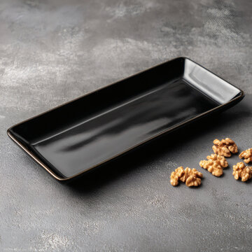 Black rectangular ceramic serving tray with sleek glossy finish for elegant food presentation arranged on grey textured stone surface with scattered walnuts for food styling