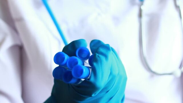 Medical professional holds test tubes in a laboratory setting during a routine procedure for sample collection and analysis.
