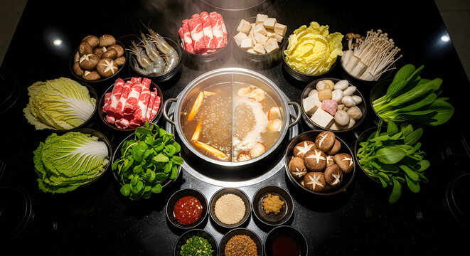 Hot pot feast raw ingredients and steaming broth on black table