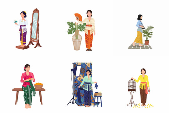 Set of six flat illustrations featuring Indonesian women wearing traditional kebaya and batik, showcasing various cultural activities and elegant poses.