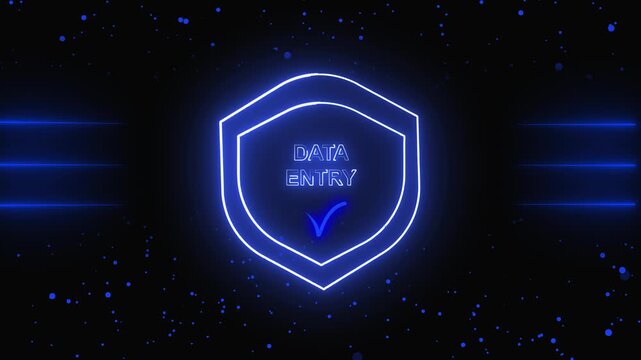 Shield icon animation with blue neon. Shield icon data entry and check mark. Shield icon cybersecurity technology graphic on black background for privacy.