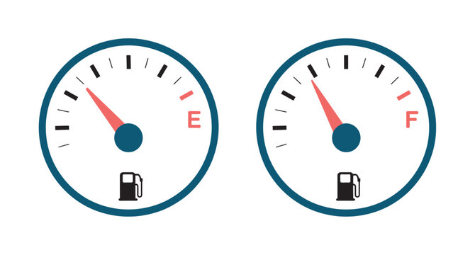 Fuel gauge, empty and half full gas meter symbols, vehicle dashboard indicator, fuel level warning vector illustration.