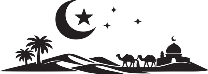 Obraz premium Desert Scene with Crescent Moon and Star: A serene illustration featuring a crescent moon and star above a tranquil desert landscape, with palm trees, camels, and a mosque.