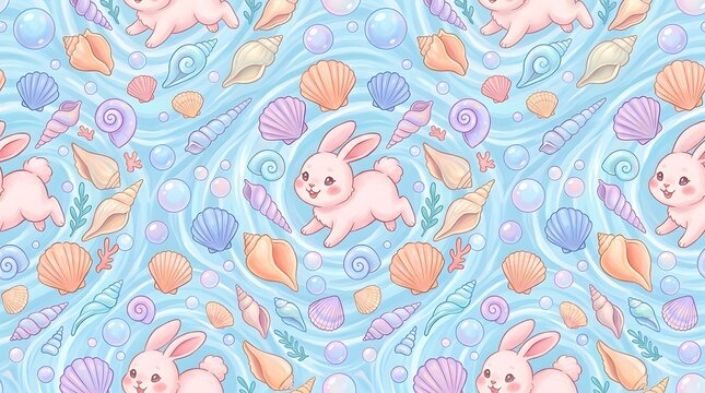 Seamless pattern with cute bunnies seashells and bubbles on blue water
