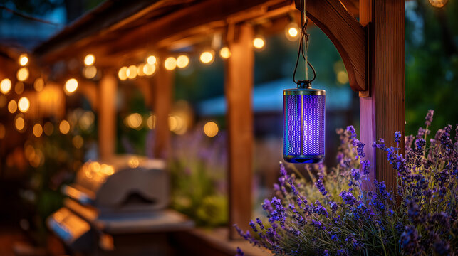 Purple UV insect zapper hanging near lavender flowers at night  