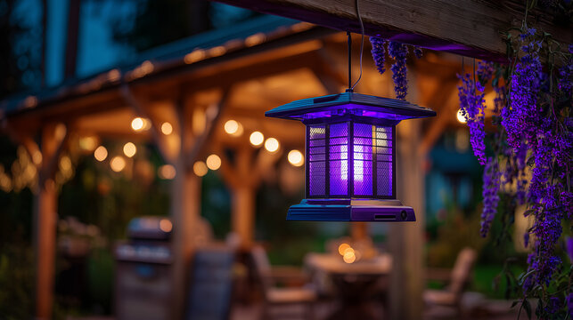 Purple insect zapper hanging from wooden patio with lights in evening  