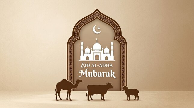 Eid al adha mubarak greeting card with mosque and sacrificial animals