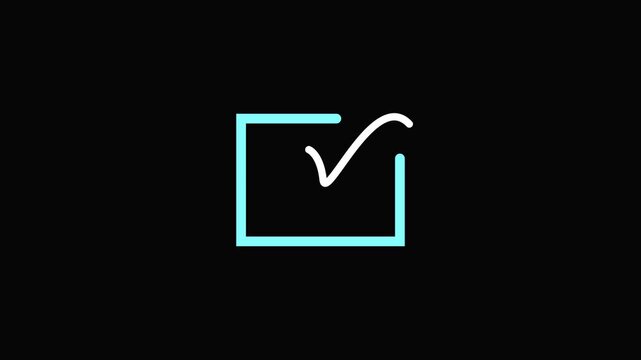 Check mark icon animation with cyan square. Check mark success and approval symbol. Check mark digital check box and status graphic on black background.