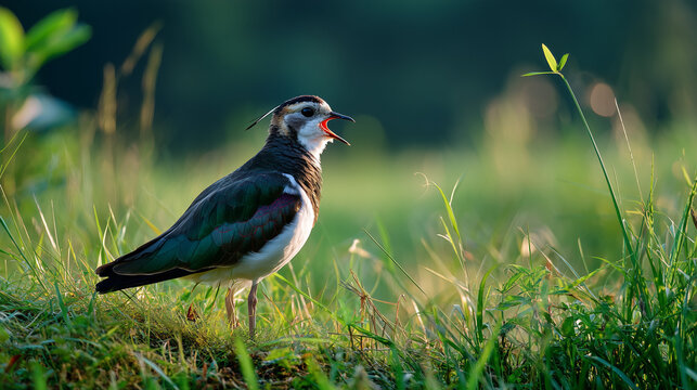 Lapwing bird calling while standing in a green grass field  