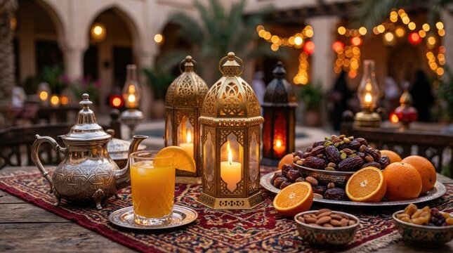 Ramadan iftar table setting with traditional moroccan tea and lanterns