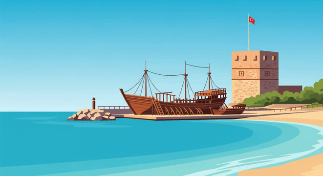Flat vector illustration of an ancient shipyard or tersane featuring a wooden galley ship docked near a stone watchtower with a Turkish flag on a Mediterranean beach.