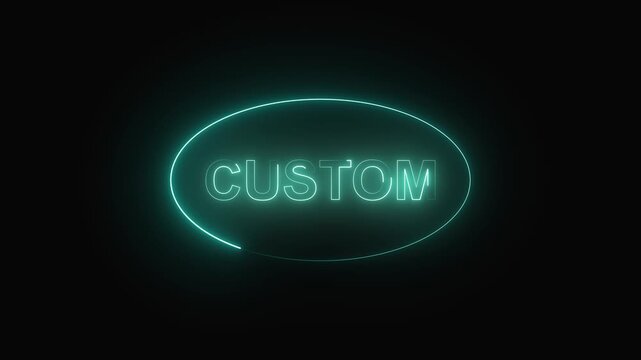 Custom text animation with cyan neon. Custom text digital word in oval frame. Custom text modern motion graphic on black background for video titles.